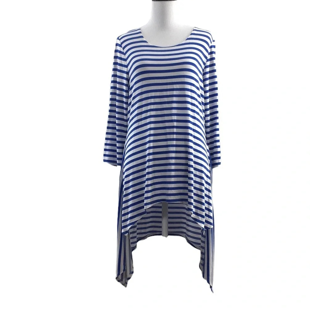 Chicos Travelers Classic Blue White Stripe Top Womens 0 Small 4 3/4 Sleeve Tunic